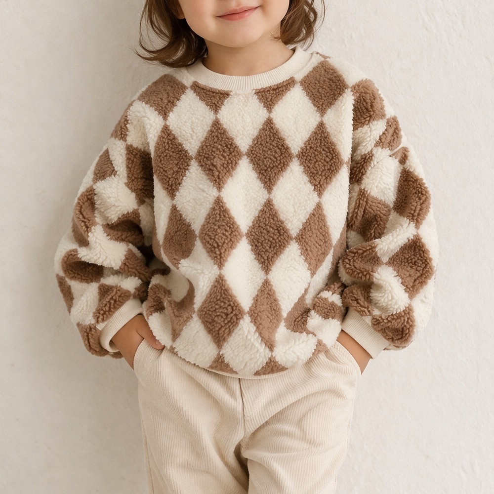 Toddler Sherpa Argyle Sweatshirt | Brown & Cream Fleece | Cozy Pullover | 2T